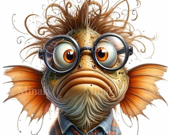 14 PNG Divertenti clipart di pesci, grafica di un nerd scontroso in ufficio, umorismo digitale sul lavoro