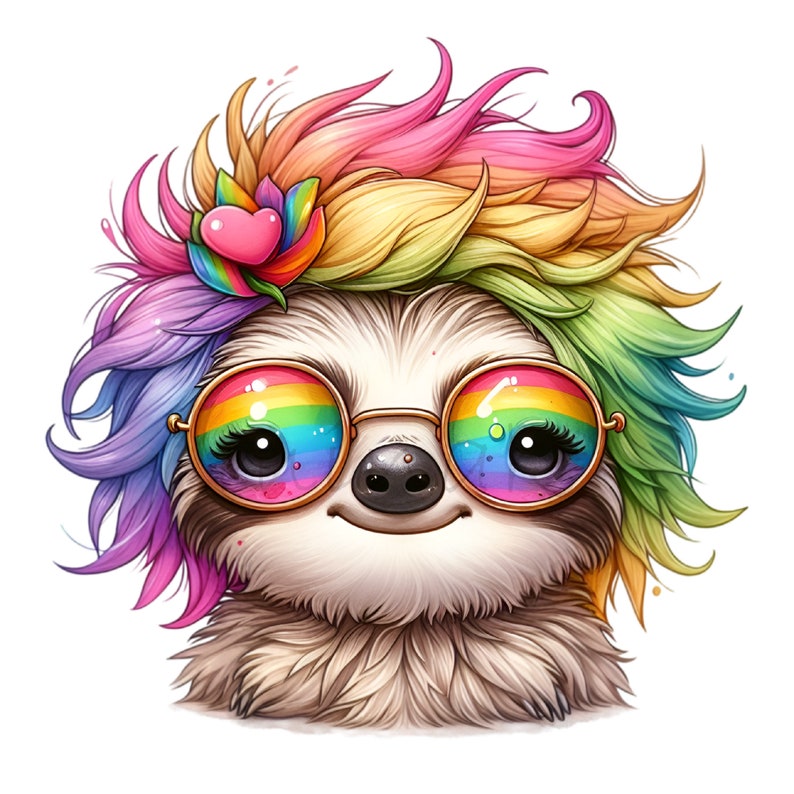 10 PNG Rainbow Sloth Messy Bun Sunglasses Clipart - Etsy