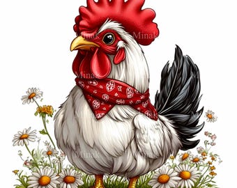 10 PNG Bandana Rooster Daisy Flower Clipart, White Chicken Floral Bird