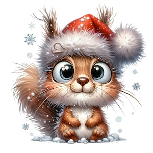 12 PNG Clipart scoiattolo invernale - PNG scoiattolo natalizio - simpatico animale del bosco con cappello da Babbo Natale per biglietti di auguri e lavoretti natalizi