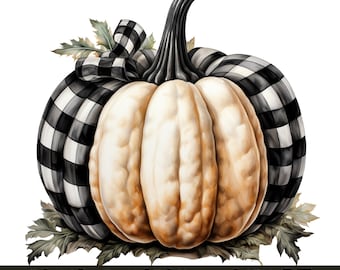 Puede incluir: Una calabaza blanca envuelta en tela de cuadros negros y blancos. La calabaza tiene un tallo marrón y está rodeada de hojas verdes.
