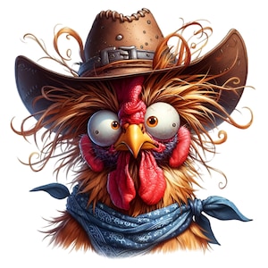 15 Clipart PNG drôle de coq de cow-boy, poulet occidental avec chapeau et bandana, art animalier de ferme lunatique