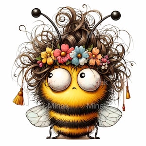 14 PNG clipart de abelha engraçada – Abelha de cabelo maluca PNG – Abelha de desenho animado com flores para artesanato infantil, cartões de primavera, decoração peculiar