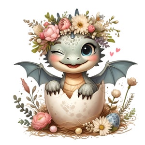 Winking Dragon 10 Baby Dragon PNG Clipart – Cute Winking Dragon in Egg With Floral ...