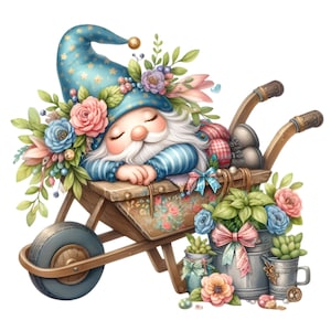10 adorables gnomos PNG durmiendo en una carretilla con flores, sombrero de estrella azul y herramientas de jardín – Arte digital de primavera