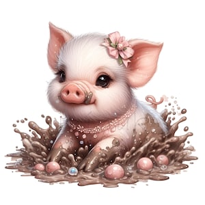 10 imágenes prediseñadas PNG de cerditos en barro con lazo rosa y perlas, lindo PNG digital para manualidades y decoración