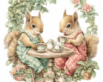 12 PNG Squirrel Tea Party, Vintage Garden Clipart, Watercolor Animal Sublimation
