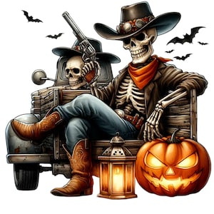 12 Halloween Cowboy Skelett PNG Clipart mit Pistole, Kürbis, LKW & Laterne | Gruseliges Western Design für Sublimation und Kunsthandwerk