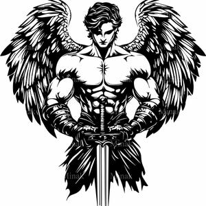 4 archivos SVG de corte de guerrero ángel – Clipart de luchador con espada alada – Silueta de ángel masculino fuerte para manualidades con Cricut y láser