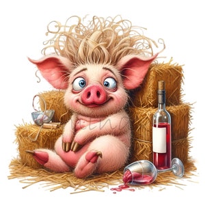 Divertente maiale vino amante Clipart PNG - 12 maialino carino con bottiglia di vino e vetro, illustrazione degli animali da fattoria dei cartoni animati, download digitale istantaneo