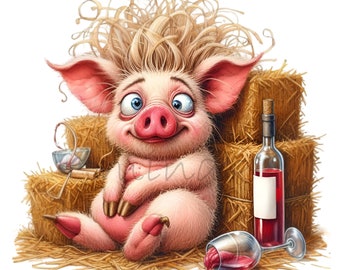 12 PNG Funny Pig Wine Bottle Clipart, Hay Stack Animal Graphic Sublimation