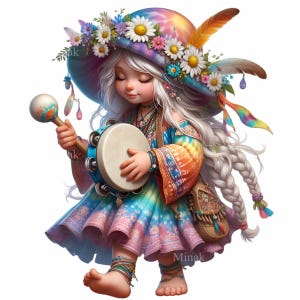 15 PNG Tambourine Girl PNG, Blumenkrone Mädchen - Musikalische Clipart PNG - Wunderliche Kunst für Kinderdekor, Festival Handwerk, Sublimation