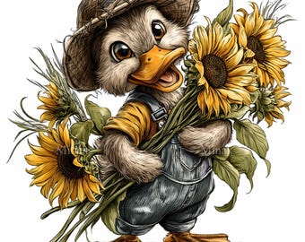 12 PNG Farm animal sunflower clipart – Duckling PNG with flowers – Baby shower art, nursery decor, summer crafting printable