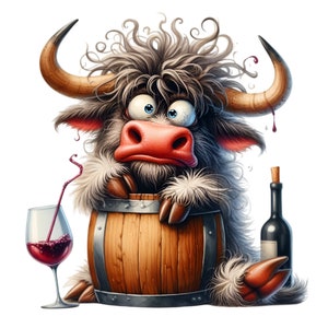 Lustige Highland Kuh mit Wein Clipart PNG - 15 Süßer Stier mit Weinfass, Glas und Flasche - Digitaler Download zum Basteln