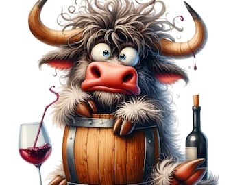 15 PNG Funny Highland Cow Wine Barrel Clipart, Bull Drinks Sublimation Art