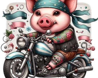 12 Biker Pig On Motorcycle Png, Tatuaż Bandana Vintage Rider Clipart