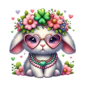 12 PNG Bunny Clipart, Clover Floral Rabbit Illustration, Spring Animal ...