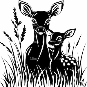 4 herten en fawn SVG, Majestic Forest Wildlife gesneden bestand, moeder en baby herten clipart voor Cricut en Silhouette