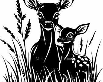 4 Deer Fawn Svg, Woodland Animal Clipart Forest Grass Silhouette Art