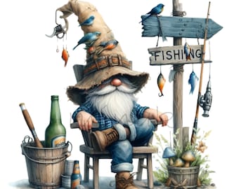 10 cliparts de nain de pêche PNG - PNG d'été - homme barbu fantaisiste pour travaux manuels en plein air, cadeaux pour papa, sublimation et conception de cartes
