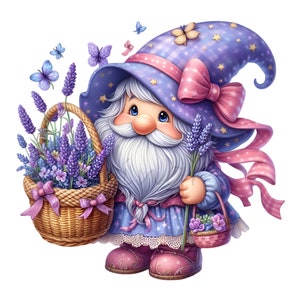 15 Clipart PNG di gnomi lavanda, gnomo primaverile carino con cesto, gnomo mago floreale, download digitale per sublimazione