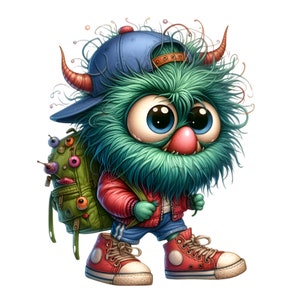 12 cliparts PNG monstre mignon - monstre vert velu avec sac à dos et baskets - téléchargement numérique pour sublimation