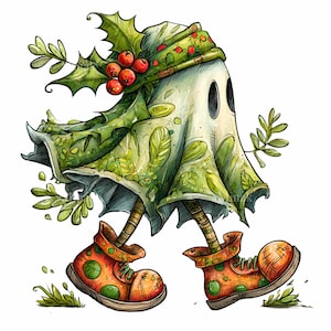 Könnte beinhalten: Eine skurrile Illustration einer geisterhaften Figur, die mit Stechpalmen und Beeren geschmückt ist. Die Figur trägt einen grünen und weißen Umhang mit Blättermustern und geht auf braunen Stockbeinen in orangefarbenen Stiefeln mit grünen Tupfen. Ein festliches, weihnachtliches Design.