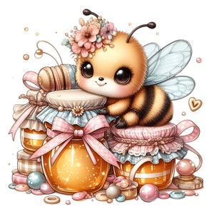 10 Adorable Bee PNG Clipart, Transparent Background, Cute Bee with Honey Jars, Floral Crown, and Pastel Bow Illustration