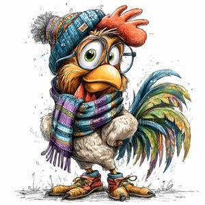 May include: A whimsical illustration of a rooster wearing a blue knit hat with a pom-pom, glasses, and a colorful scarf. The rooster is also wearing red boots with brown laces, and has a vibrant, multi-colored tail.