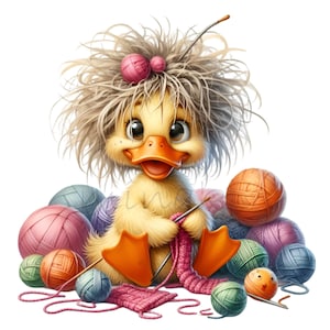 14 PNG Strickende Ente Clipart - Lustige Ente mit Garn PNG - Niedliche Tierkunst für Bastelprojekte, Aufkleber, Sublimation, Kinderdekor