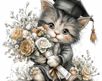 15 PNG Class of 2026 Kitten Graduation Clipart, Watercolor Cat Diploma Flower Design