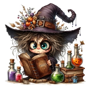 May include: A young witch with purple and black pointed hat, reading a book titled "WITCHCRAFT 101" with a serious expression. She is surrounded by various glass bottles filled with colorful liquids, some with cork stoppers.