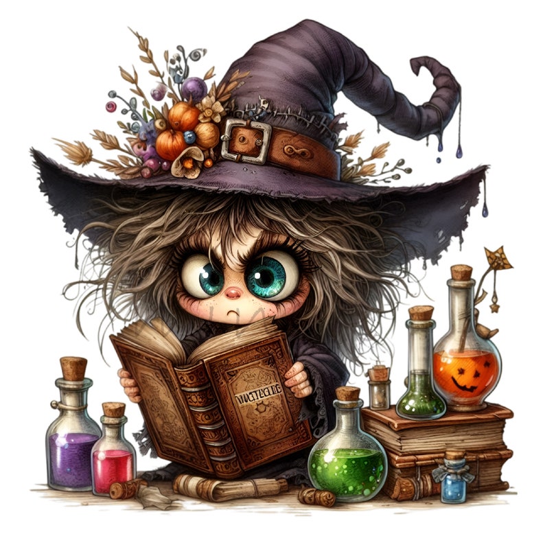 May include: A young witch with purple and black pointed hat, reading a book titled "WITCHCRAFT 101" with a serious expression. She is surrounded by various glass bottles filled with colorful liquids, some with cork stoppers.