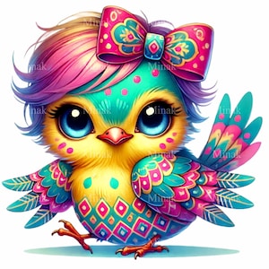 10 imágenes prediseñadas de pájaros coloridos: pájaro arcoíris brillante con lazo decorativo: ilustración de pájaro caprichosa