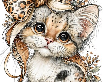 10 PNG Kitten Leopard Bow Clipart, Cat Floral Sublimation