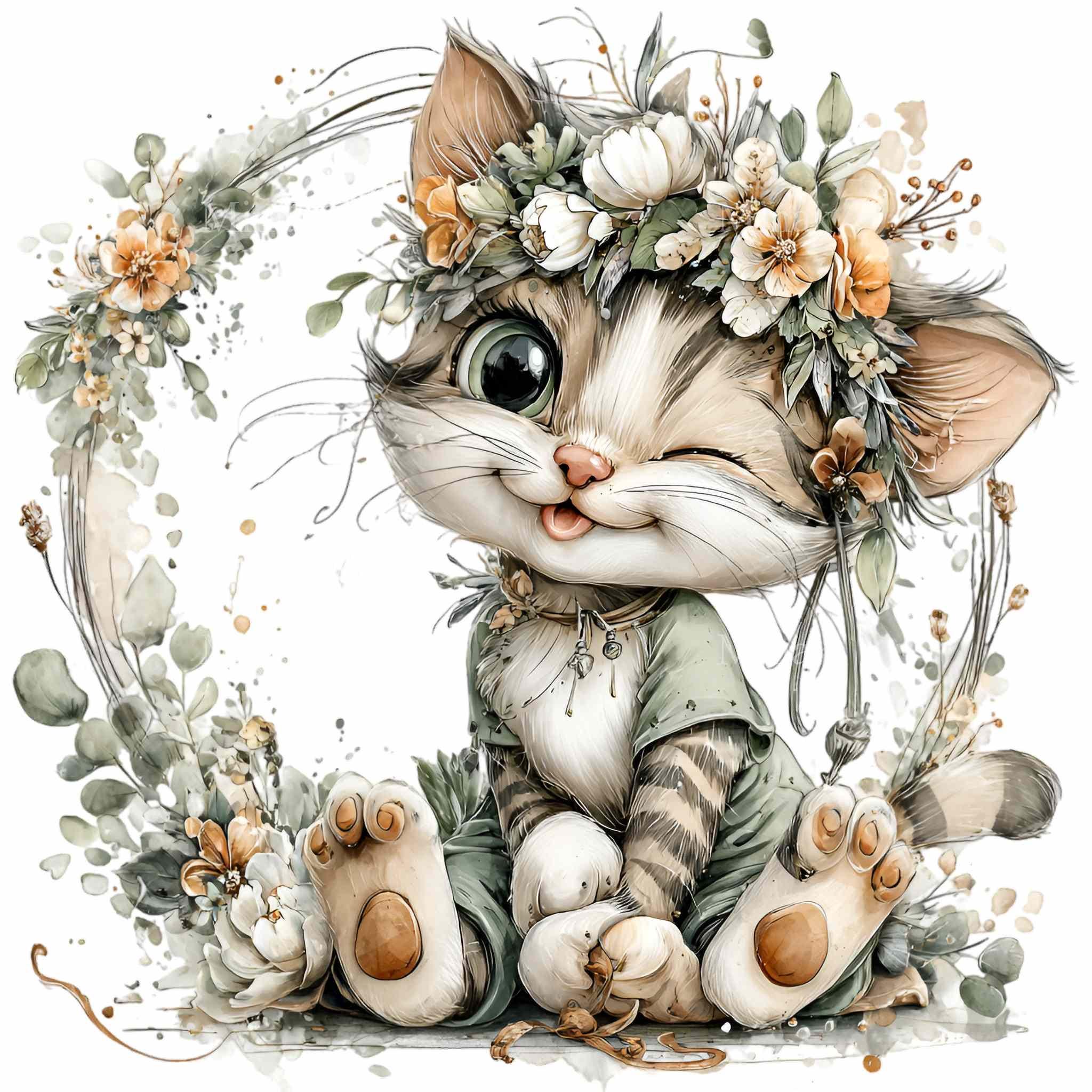 15 PNG Floral Kitten Clipart – Cute Cat PNG – Whimsical Pet ...