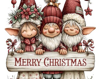 12 PNG Merry Christmas Sign Elves, Gnomes Poinsettia Sublimation