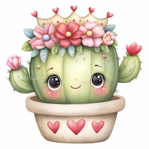 Puede incluir: Ilustración caprichosa de un cactus sonriente con corona y tocado floral. El cactus está en una maceta color crema decorada con corazones rojos. El cactus tiene ojos grandes, mejillas rosadas y flores rosas.