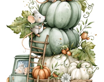 12 PNG Fall Mice Pumpkin Truck Watercolor Autumn Clipart Craft