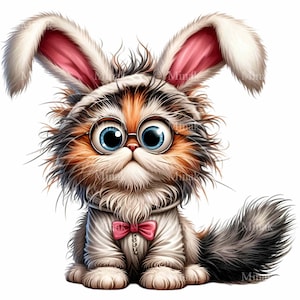 Chat mignon en costume de lapin PNG Clipart | 15 adorables chatons avec des lunettes et un noeud rose | Illustration numérique de Pâques