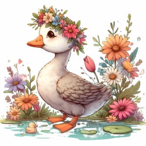 19 PNG coroa de flores de pato – Clipart PNG fofo de pato de primavera – Arte de pássaro de lago caprichosa para decoração de berçário, artesanato infantil e cartões comemorativos