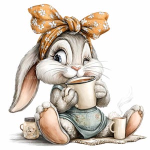 Puede incluir: Ilustración de un conejo gris guiñando un ojo y sosteniendo una taza de café. El conejo lleva una diadema floral amarilla y un delantal azul. También hay una segunda taza y un tarro. La imagen tiene un estilo de acuarela suave.
