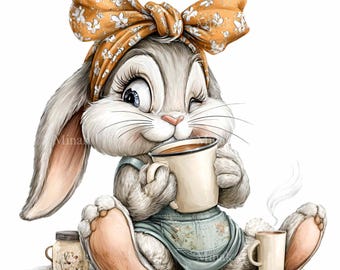 16 PNG Funny Bunny Clipart, Coffee Rabbit Graphics Floral Bow Morning
