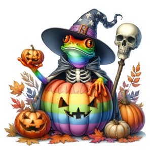 15 PNG Rainbow frog – Halloween PNG clipart – Colorful witch toad with pumpkins and skeleton for spooky fun crafts, stickers, sublimation