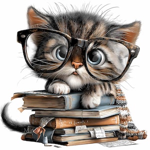 Può includere: Illustrazione digitale di un gattino tigrato con grandi occhiali dalla montatura scura, appollaiato su una pila di vecchi libri. Il gattino ha grandi occhi blu e una sciarpa a righe. I libri sono di vari colori, alcuni con note manoscritte.
