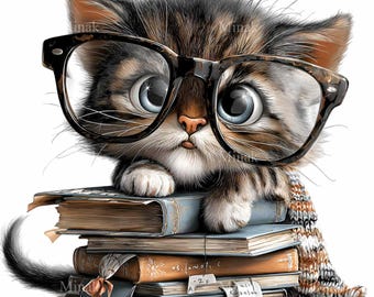 15 imágenes prediseñadas de gatitos: gato nerd con gafas sobre una pila de libros, ilustración de gato leyendo (manualidades infantiles)