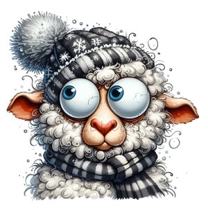12 moutons originaux chapeau d'hiver PNG, clipart illustration drôle de Noël animal enfants dessin animé, fabrication de cartes bricolage