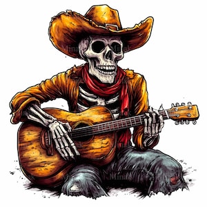 12 cliparts PNG squelette de cow-boy - guitariste western, chapeau rustique, bandana, musique country fantasmagorique - téléchargement numérique
