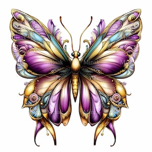 17 élégant papillon PNG Clipart - ailes ornées de violet et d'or - illustration détaillée de papillon