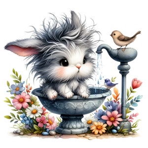 12 imágenes prediseñadas de conejito esponjoso, lindo conejito bebé en un bebedero con flores y pájaros, descarga digital de arte mural de primavera para guardería.